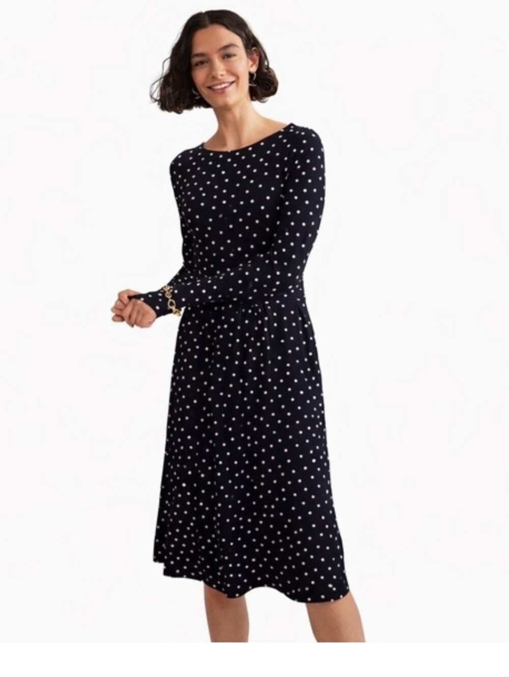 Boden Abigail Black Long-Sleeve Polka Dot Midi Dress with Pink Dots